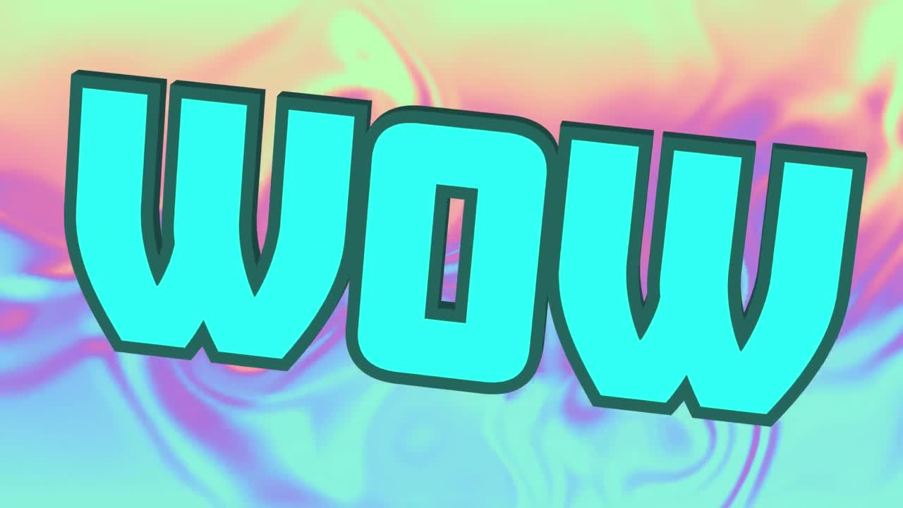 액체 텍스처 그라디언트 배경에 떠 있는 와우 텍스트의 디지털 애니메이션