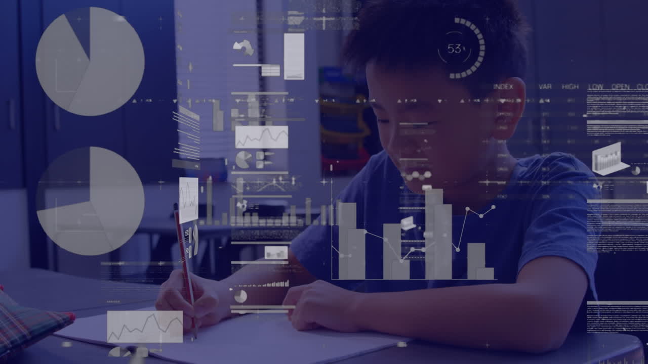 Animation of data processing over asian schoolboy in classroom