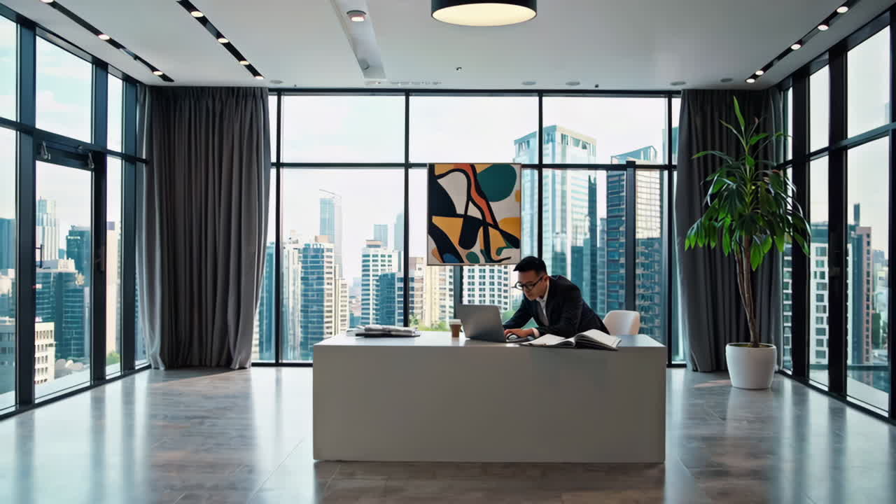 Empresário a trabalhar num escritório moderno com vista para a cidade