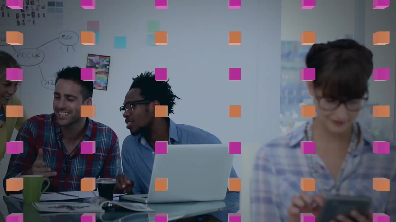 Animation of pattern and neon shape over diverse business people in office