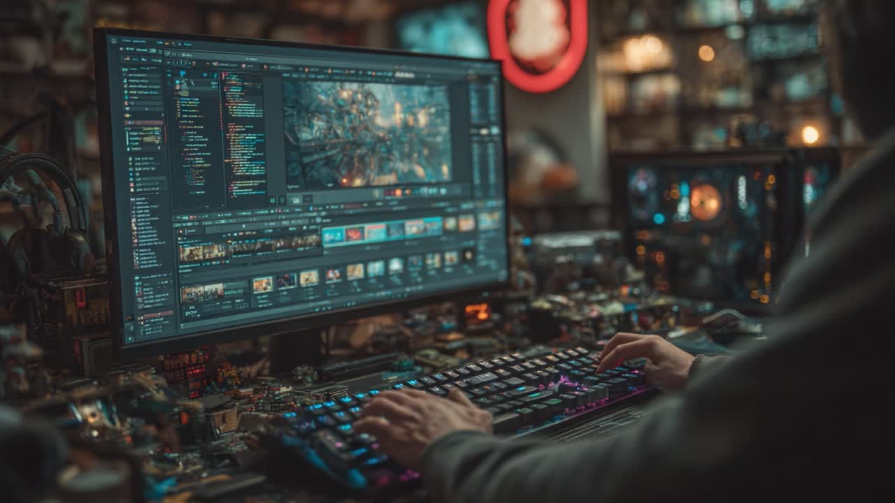 A Gamer's Workspace: Captivating Interaction with a Complex Video Editing Setup, Showcasing Cutting-Edge Technology Amidst an Immersive Gaming Environment