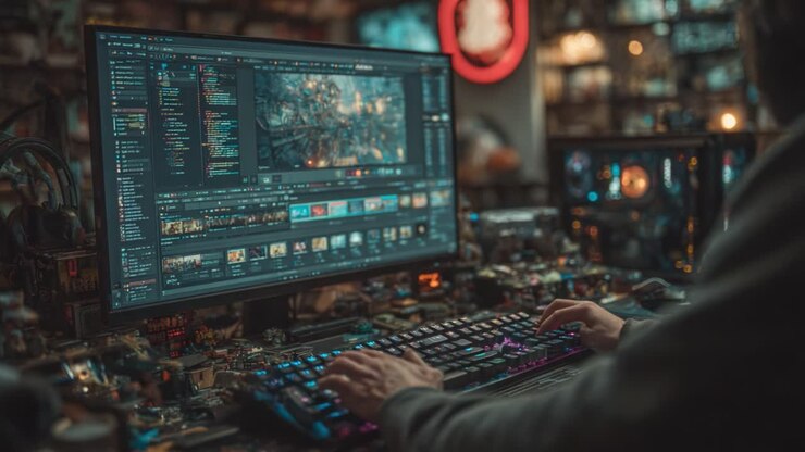 A Gamer's Workspace: Captivating Interaction with a Complex Video Editing Setup, Showcasing Cutting-Edge Technology Amidst an Immersive Gaming Environment