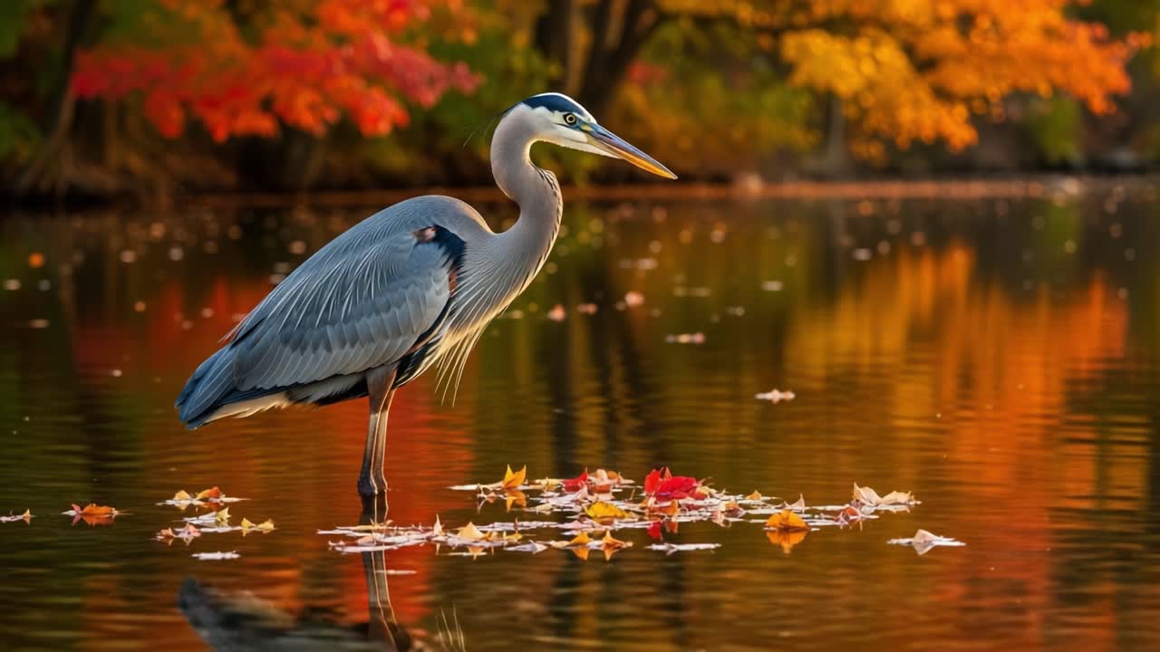 A Majestic Great Blue Heron Stands Gracefully Among the Vibrant Autumn Leaves Floating on a Peaceful Lake Surrounded by Colorful Foliage Reflecting in the Water