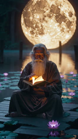 ancient monk meditating under the moonlight