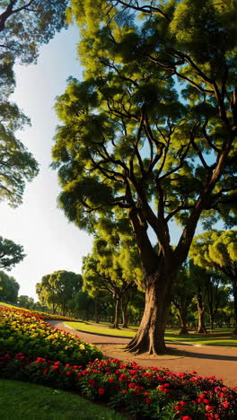 park scene with lush trees and colorful flowers