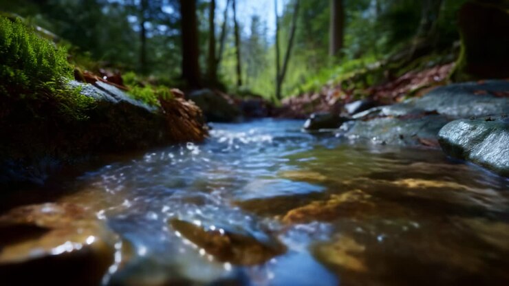 Gentle Stream Flowing Through a Lush Forest, Capturing Nature's Serenity with Sparkling Water and Vibrant Greenery in Full Bloom