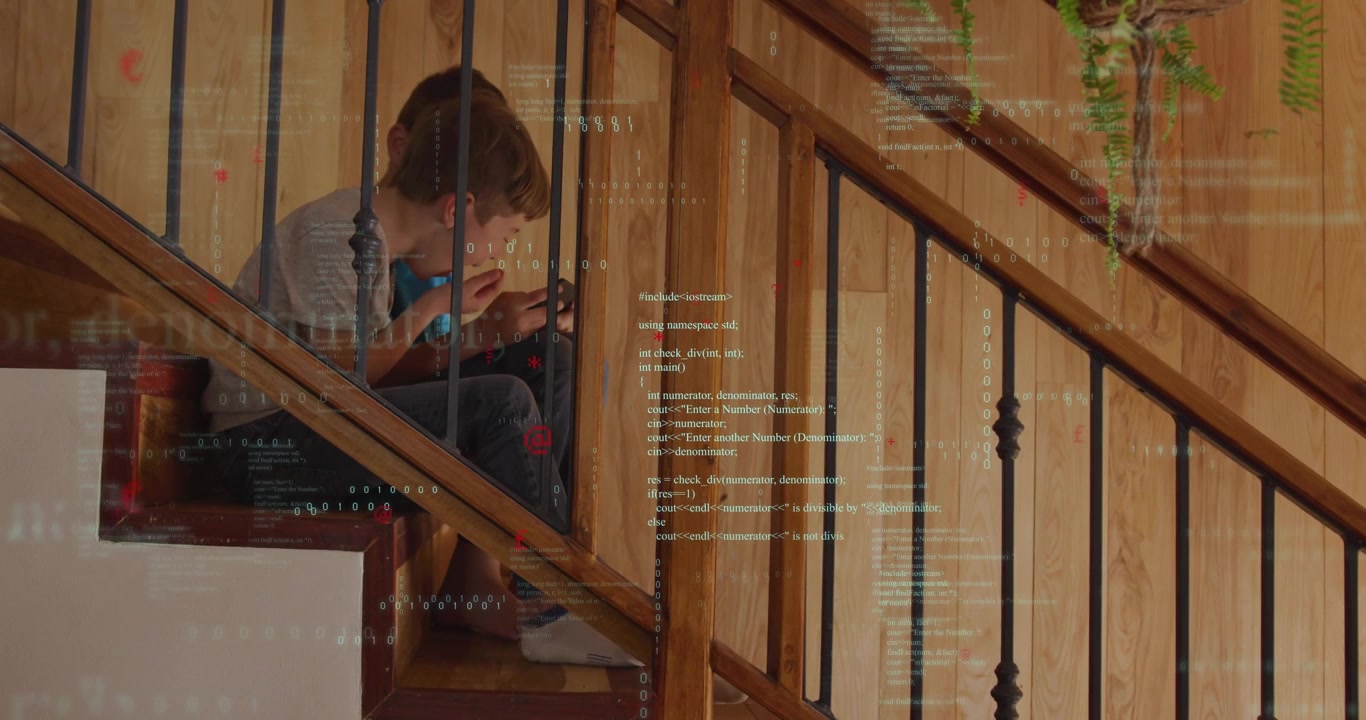 Two boys sitting on wooden stairs right boy tapping device causing faint code overlay learning tech