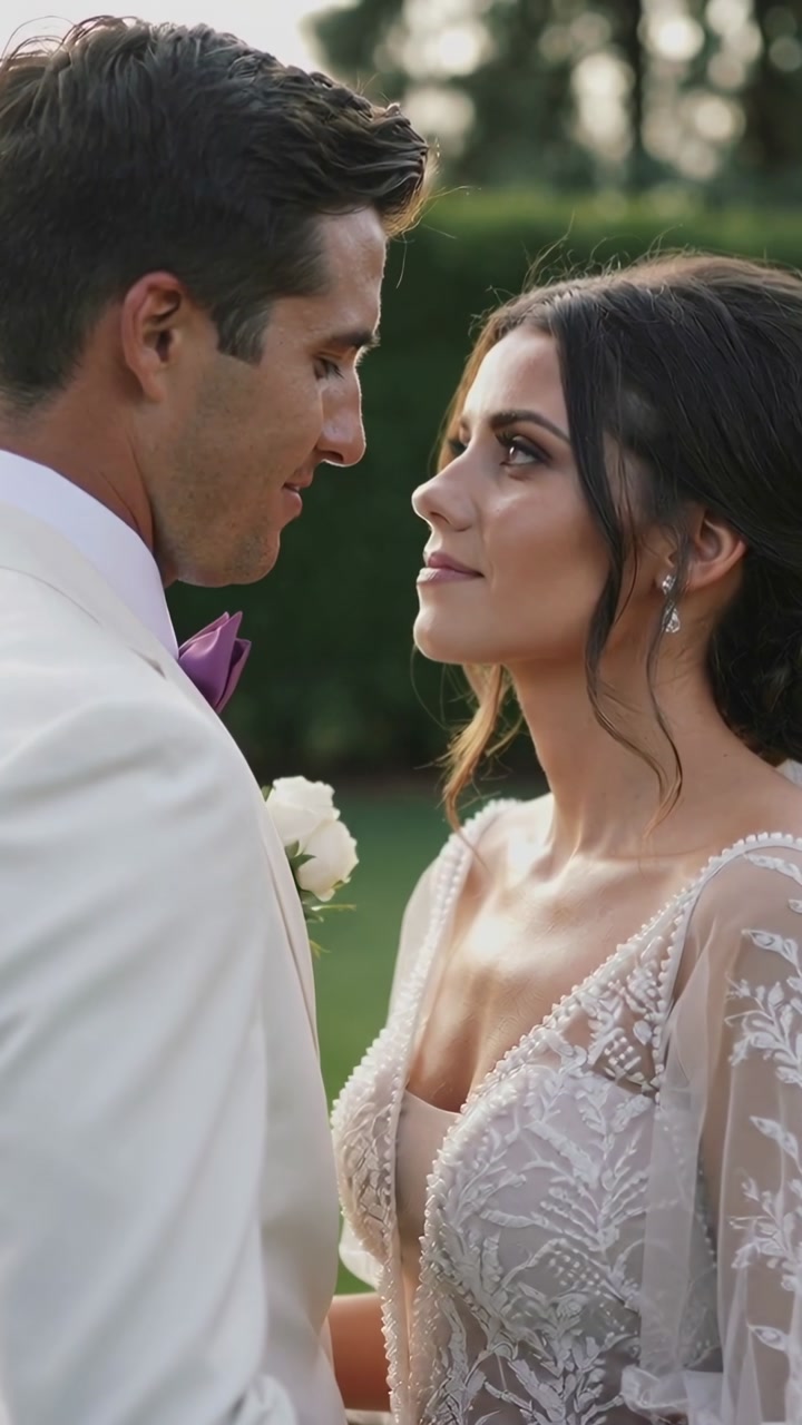 Vertical video: Bride and groom standing close in garden during vows, boutonniere and gown visible