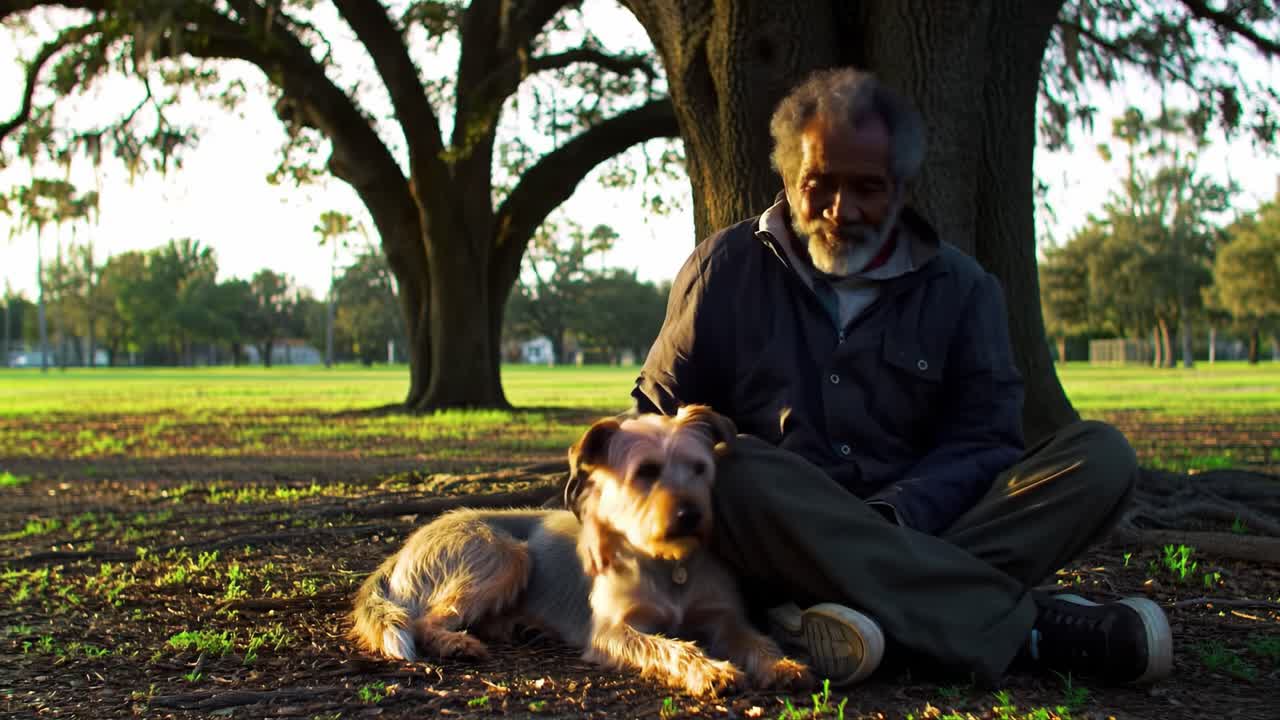 A Heartwarming Moment of Connection Between a Gentle Senior Man and His Loyal Dog in a Peaceful Park Setting Surrounded by Majestic Trees and Nature's Beauty