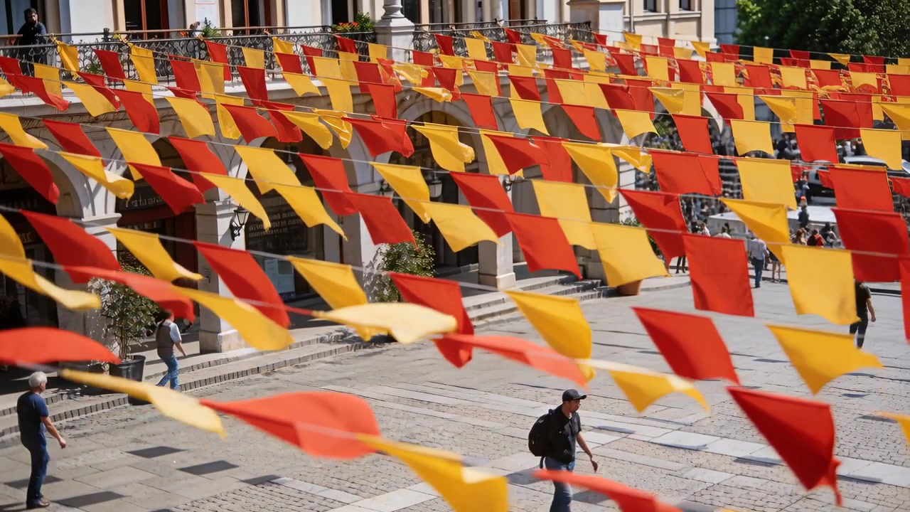 Banderas rojas y amarillas ondeando por la brisa racheada sobre una plaza, con un hombre con mochila y gorra cruzando.