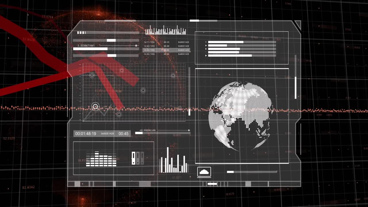 Animation of red lines and financial data processing