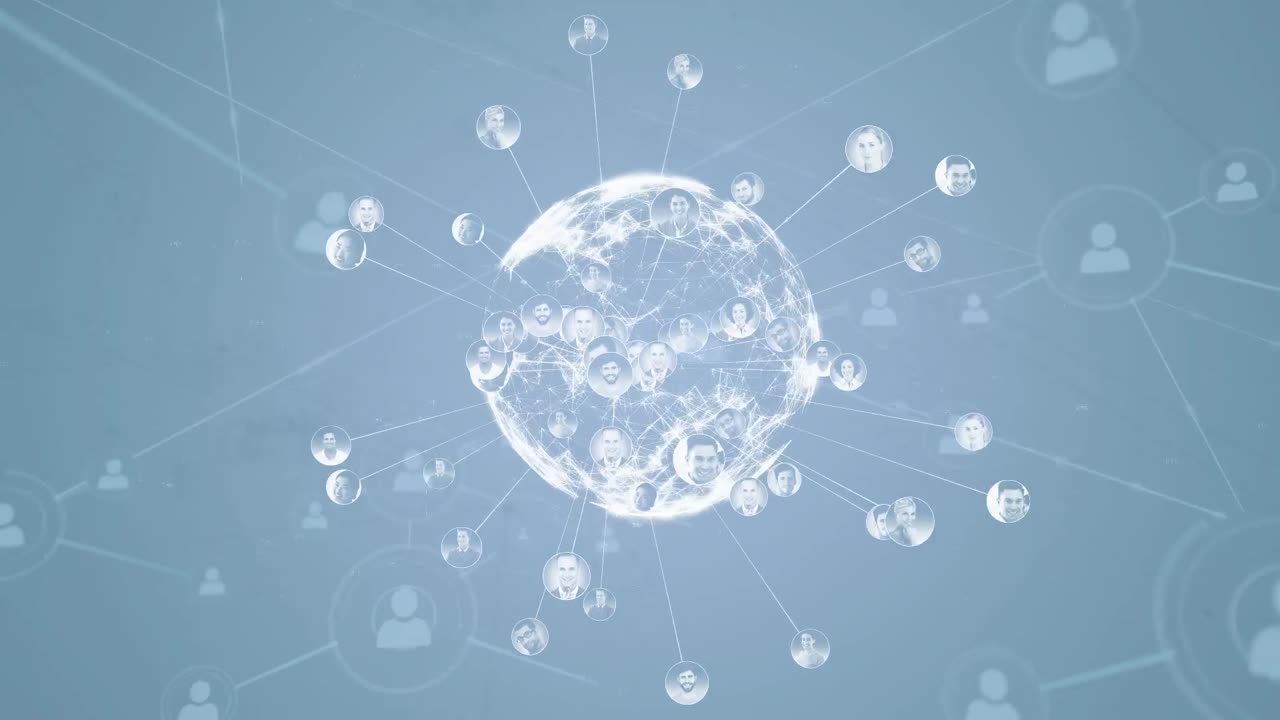 파란색 배경 위에 아이콘과 글로브로 연결된 네트워크의 애니메이션