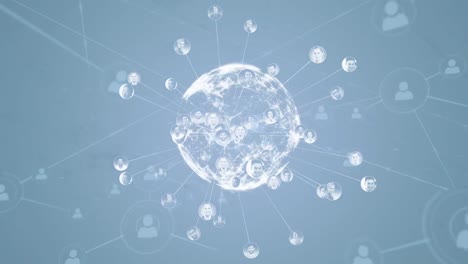 파란색 배경 위에 아이콘과 글로브로 연결된 네트워크의 애니메이션