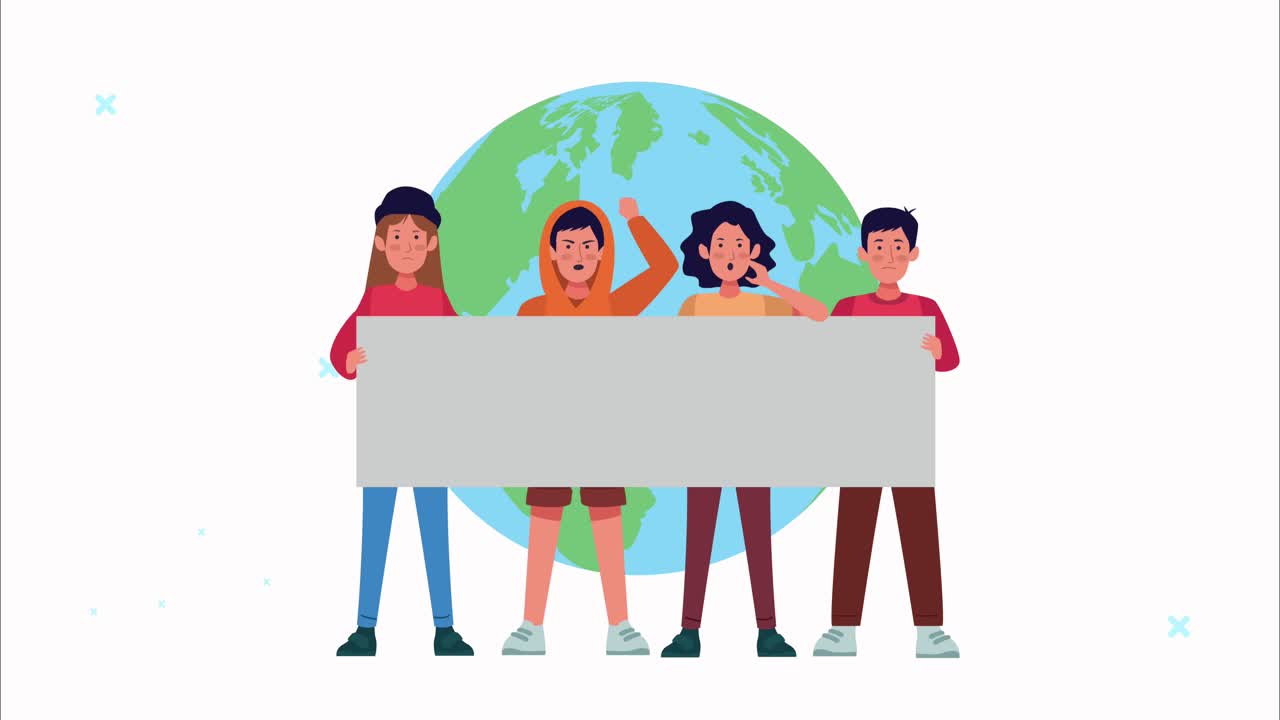 사람들은 발과 지구 행성을 들고 시위를 벌이고 있습니다.