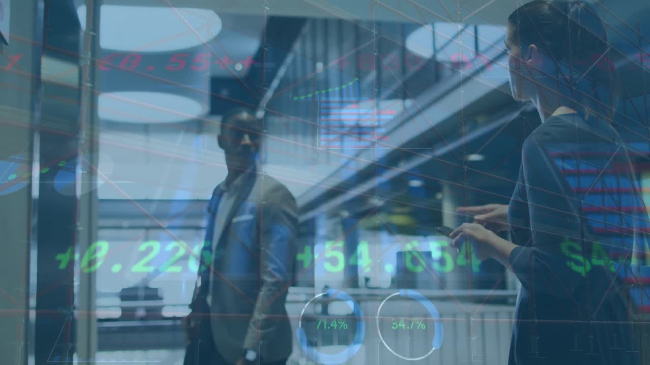 Animation of graphs and trading board over diverse man and woman waiting for lift in office