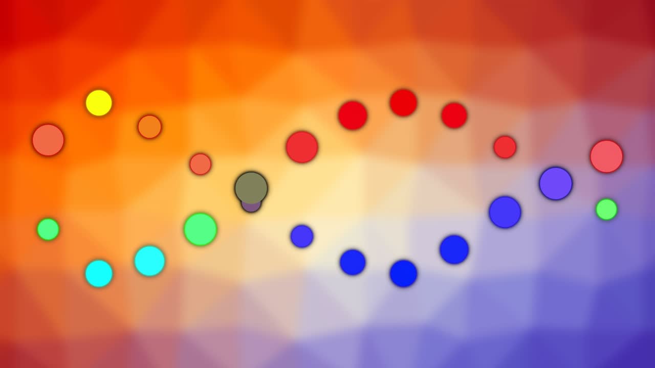 On play dots shifting, pulsing along two curved rows over bicolor gradient, creating looping rhythm