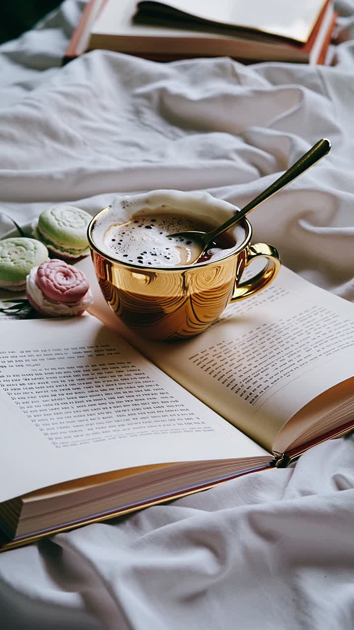 Cozy Morning Reading with Coffee and Macarons