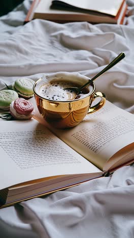 cozy morning reading with coffee and macarons