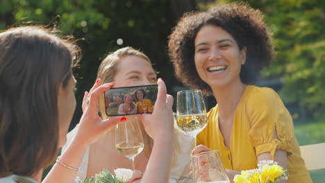 mujer tomando video de amigos sentados al aire libre en el jardín de verano bebiendo vino y haciendo un brindis