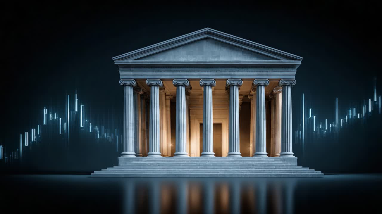 Oude tempel omringd door moderne visualisaties van financiële gegevens, waarbij historische architectuur wordt gecombineerd met hedendaagse marktanalyses en trends