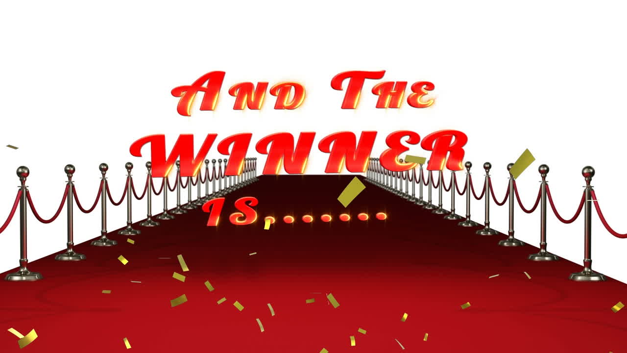 Animation of gold confetti over text, and the winner is, over red carpet venue, on white