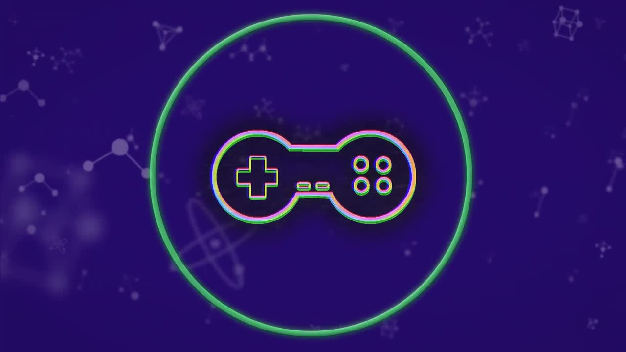 보라색 배경에 네온 원 위에 비디오 게임 컨트롤러의 애니메이션