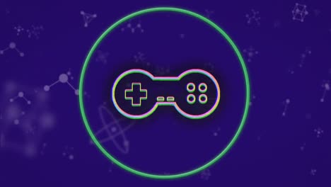 animación del controlador de videojuego sobre un círculo de neón sobre un fondo púrpura