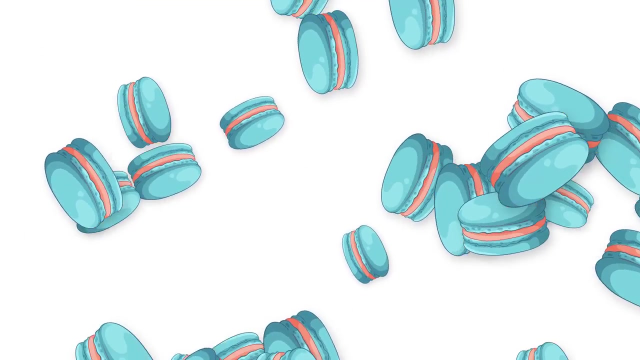 Colorful blue macarons fall and bounce across a white background in a playful 2D animation.