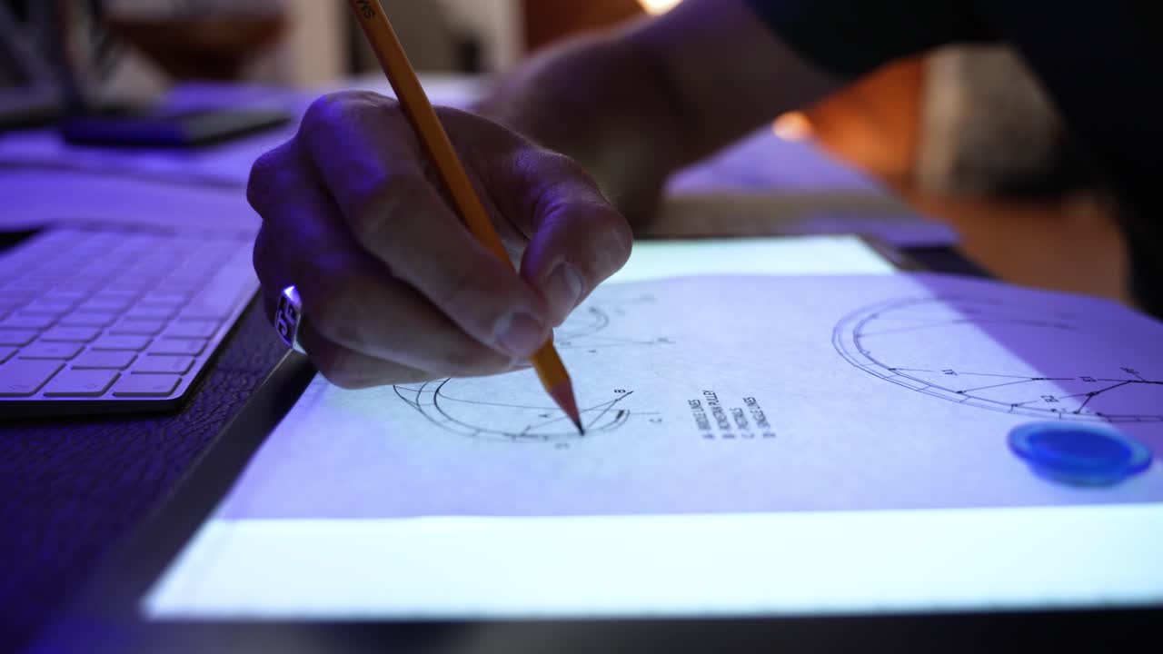 그의 사무실에서 가운 패드를 사용하여 연필로 종이에 디자인을 그리는 캐주얼 옷을 입은 수염을 가진 젊은 잘생긴 남자의 클로즈업