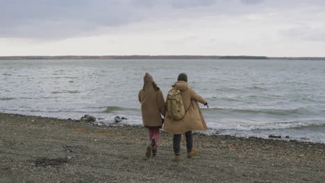 vista trasera de dos amigos en ropa de invierno caminando a la orilla del mar en un día ventoso