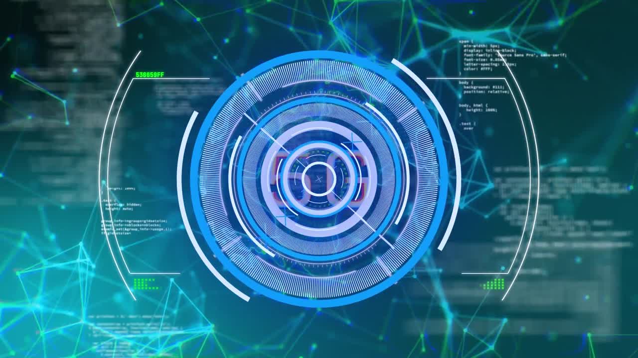 둥근 스캐너를 통해 범위 스캔, 데이터 처리 및 연결 네트워크의 애니메이션