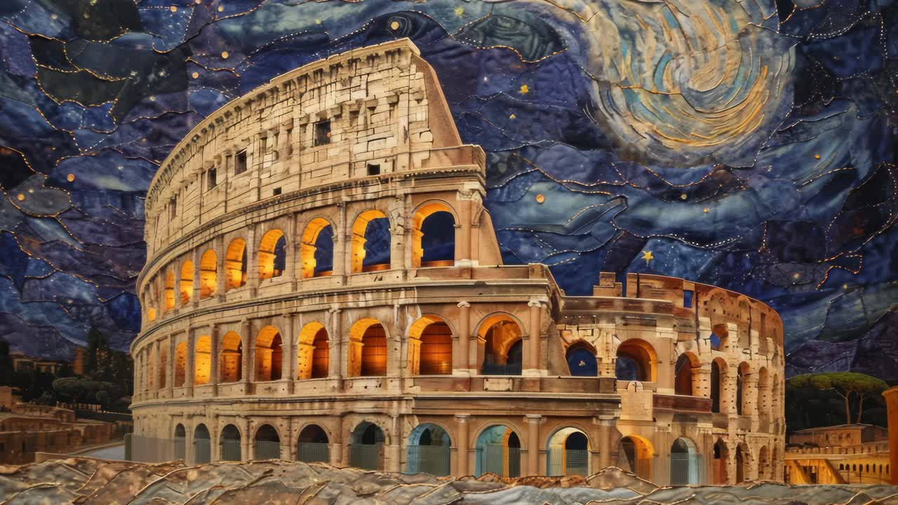 Surreal video concept blending iconic architecture with starry night sky
