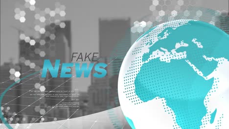 Animation-of-globe-with-fake-news-text-over-cityscape