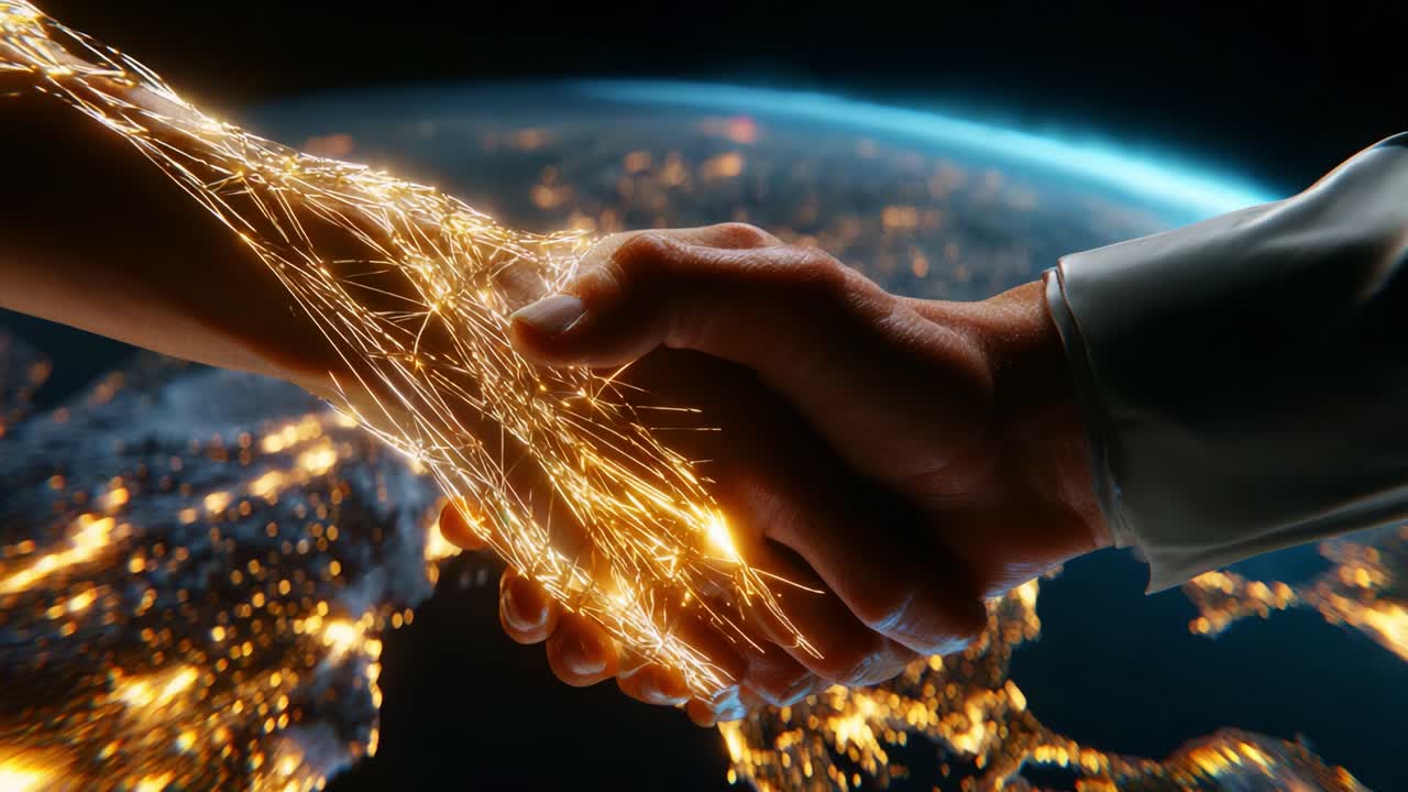 An Innovative Future: A Symbolic Handshake Illuminated by Dynamic Energy, Representing Collaboration, Connection, and Technological Advancement in an Expansive, Global Context Against Earth’s Backdrop
