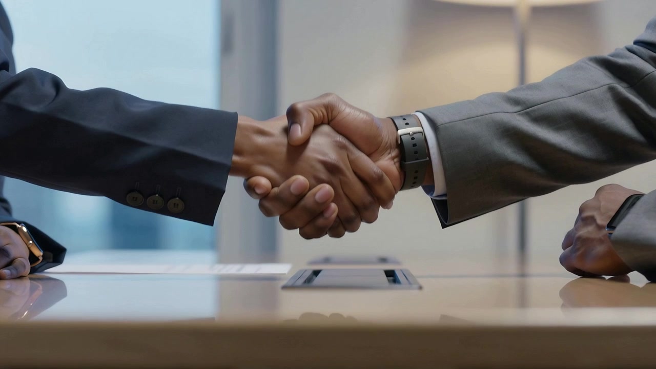 Shaking hands after talks, suited partners formalizing deal at boardroom, with paper and power port