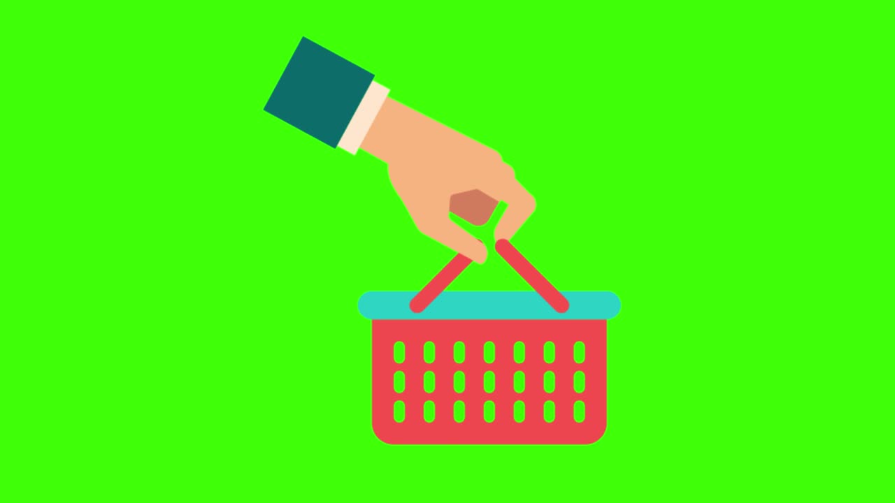 4k 녹색 화면에 고립 된 쇼핑 바구니를 들고 있는 인간의 손의 다채로운 간단한 애니메이션