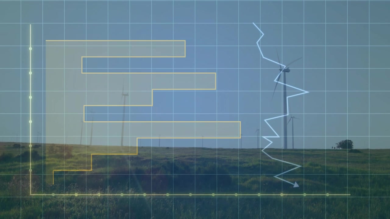 Vindenergidata visualiseres på et græsklædt bakkegitter, der viser turbiner, søjlediagram og linjediagram