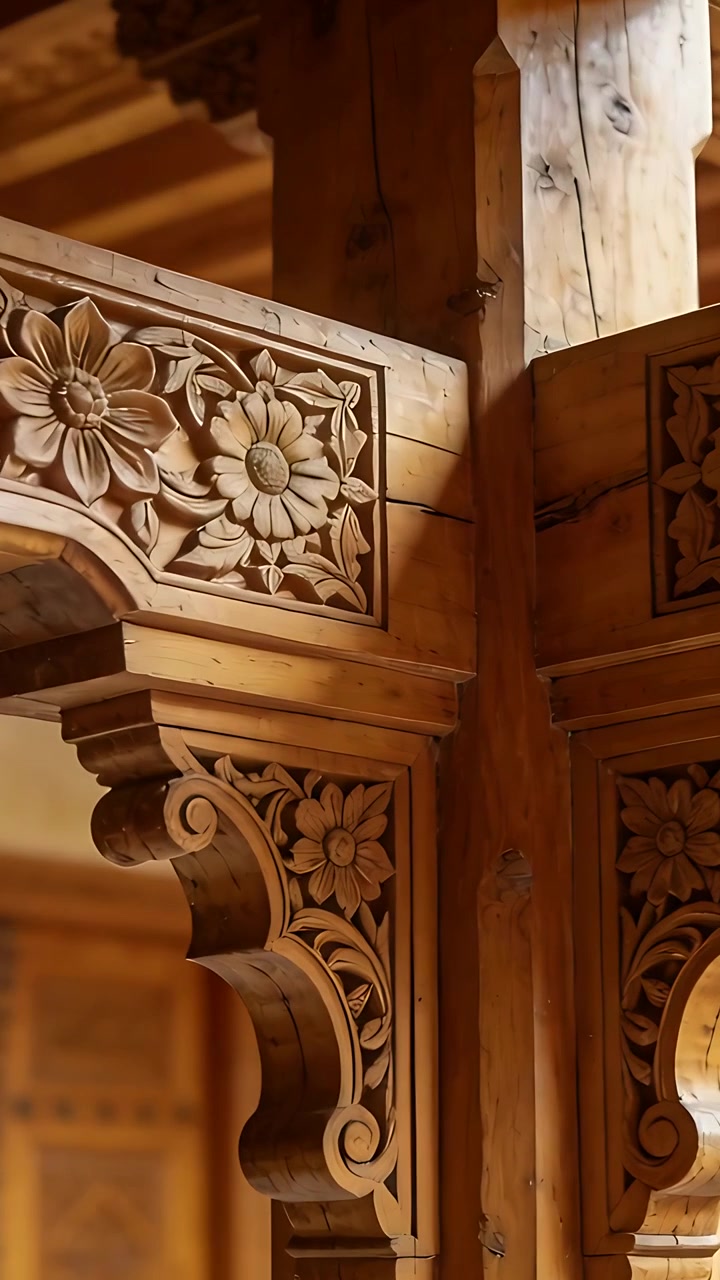 Vidéo verticale: Caméra panoramique révélant des détails de corbeaux et de poteaux sculptés dans une pièce en bois, lumière chaude