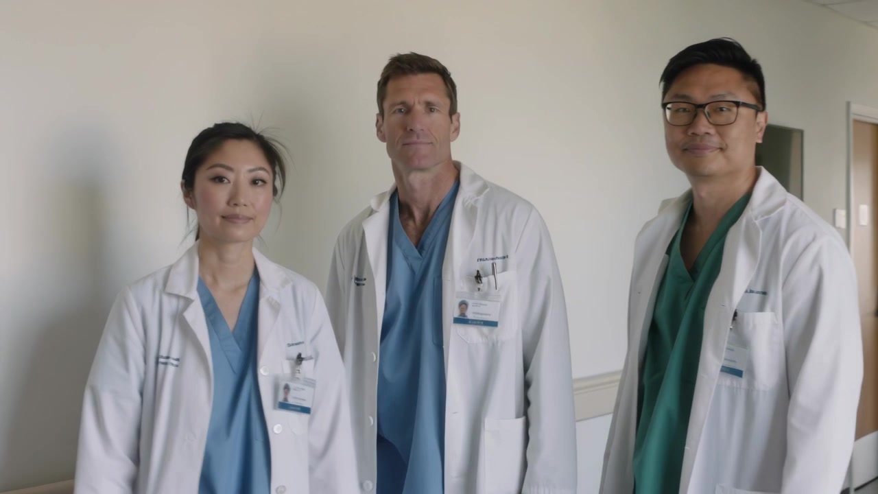 Walking three doctors stopping and posing for portrait after camera zoom in hospital with lab coats