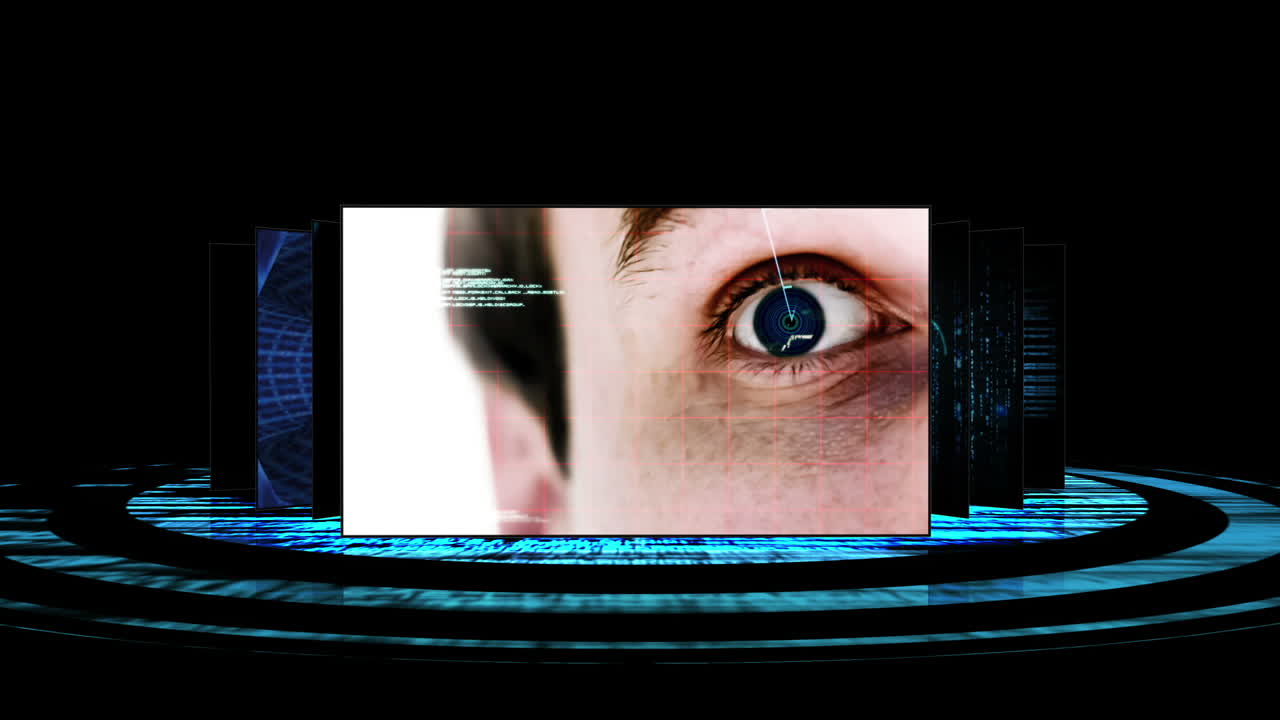 pantallas futuristas que muestran escenas de ciencias de la computación