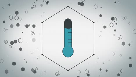 animation of thermometer icon over hexagons on white background