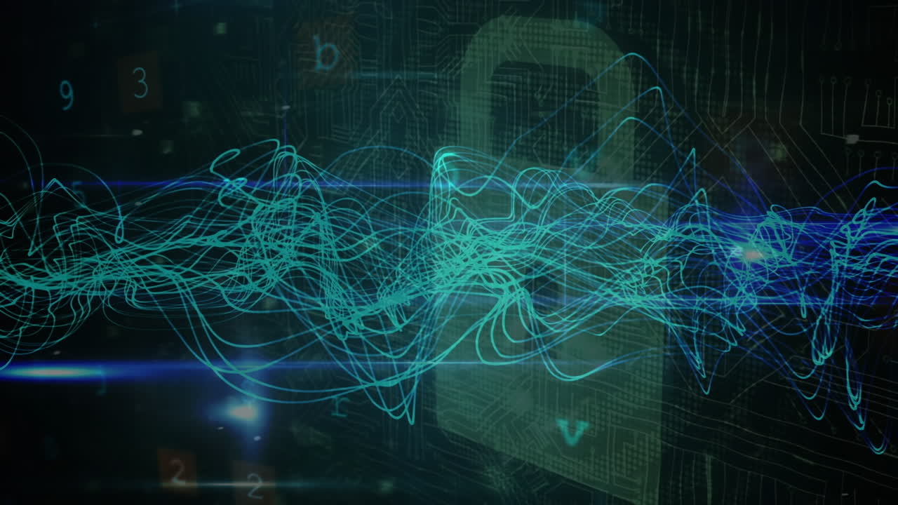 Animation of data processing with padlock over light trails