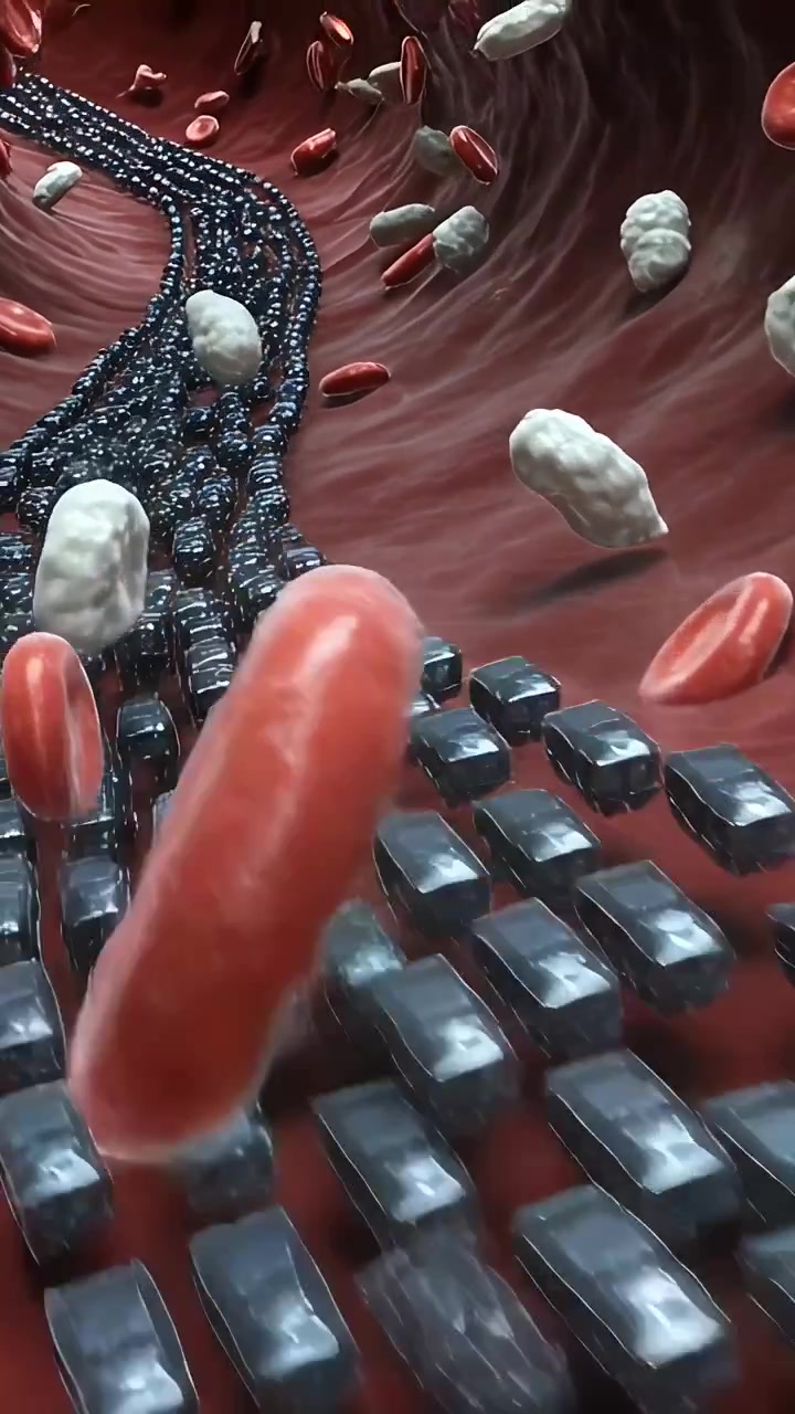 Vertical video: Pushing camera showing lined black cars moving through red tube with drifting cells
