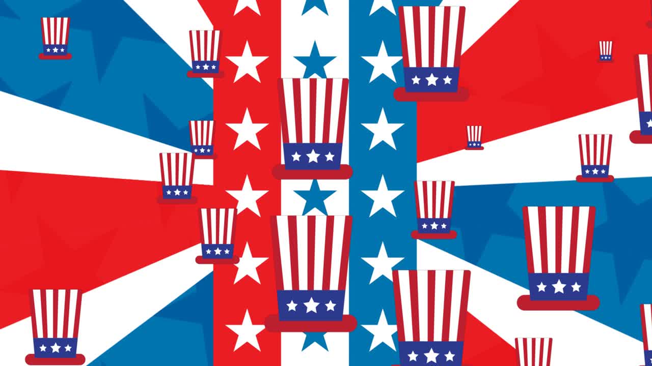 Animation of hats coloured with american flag on white background