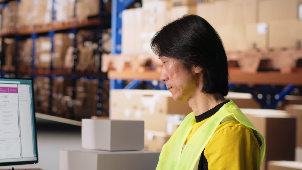 Vertical Video Depot asian worker processing online shopping orders on computer