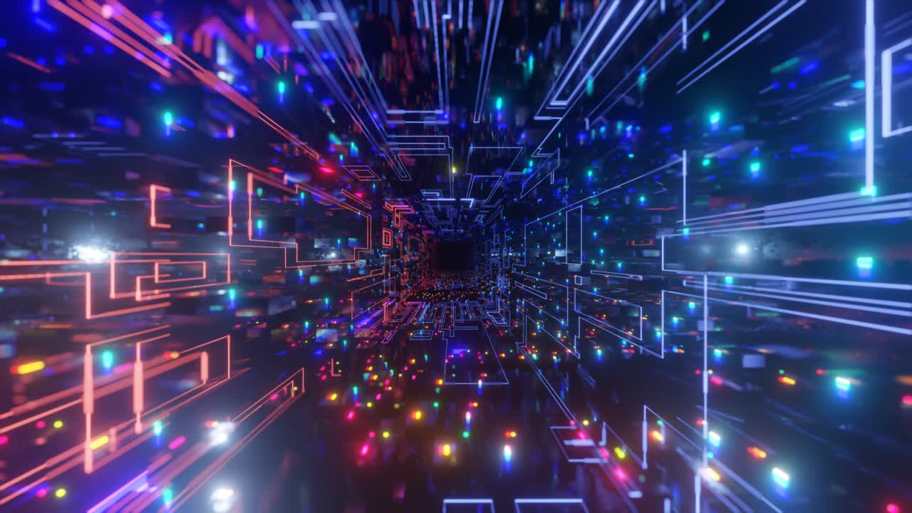 pattern like sci-fi hologram. Fly through technology cyberspace with neon glow. Sci-fi flight through hi-tech technology tunnel. Glow line. 3d looped seamless 4k bright bg. Data flow. Blocks