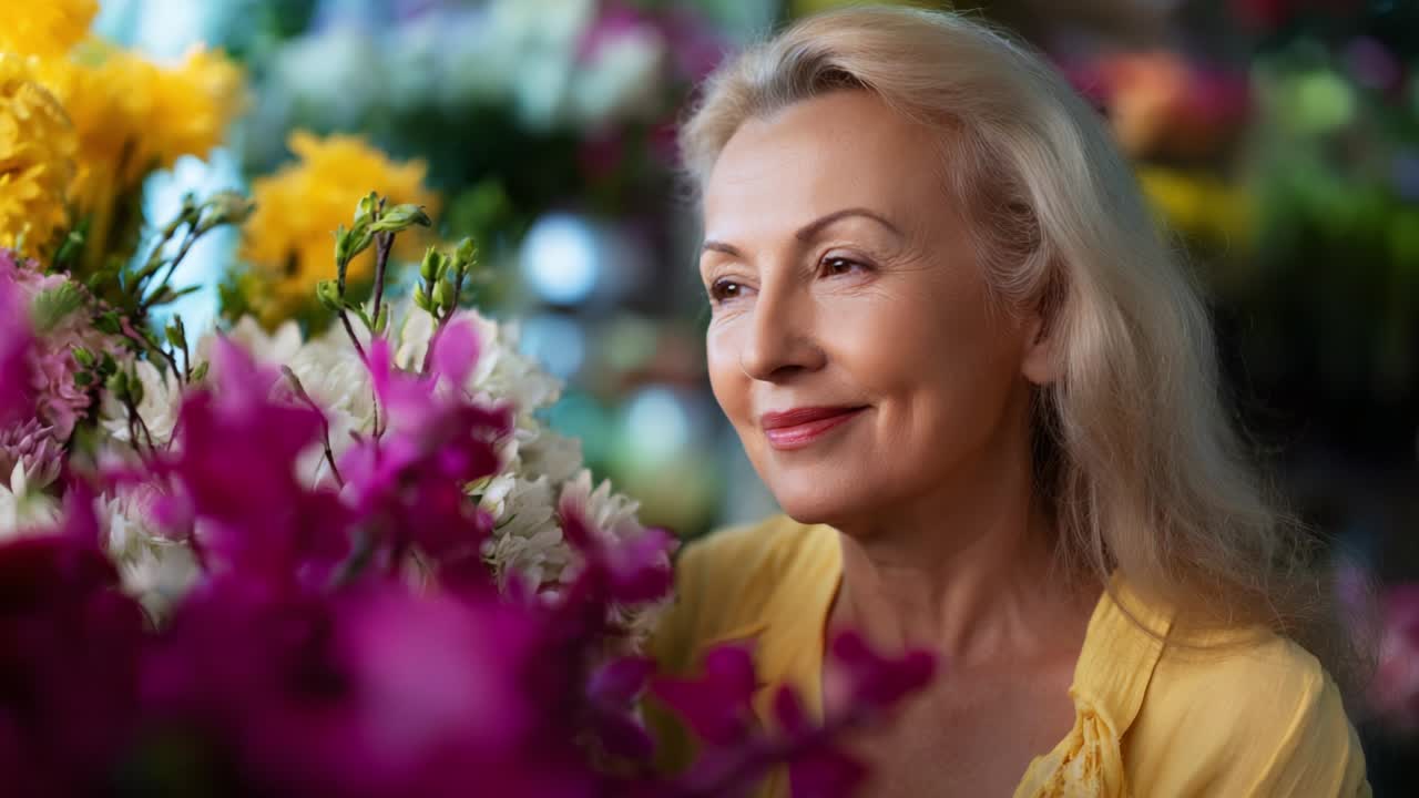 A Reflective Moment Amidst Vibrant Blossoms: A Middle-aged Woman Enjoys the Beauty of Colorful Flowers in a Bright Floral Market, Capturing the Essence of Nature's Artistry and Serenity