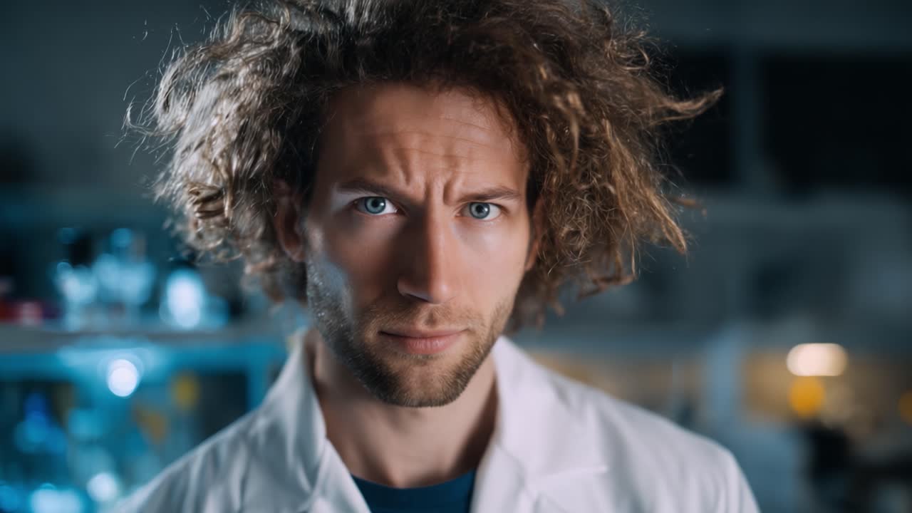 Uno scienziato con i capelli ricci mostra un'intensa concentrazione in un ambiente di laboratorio, esemplificando determinazione e dedizione alla ricerca in un ritratto ravvicinato