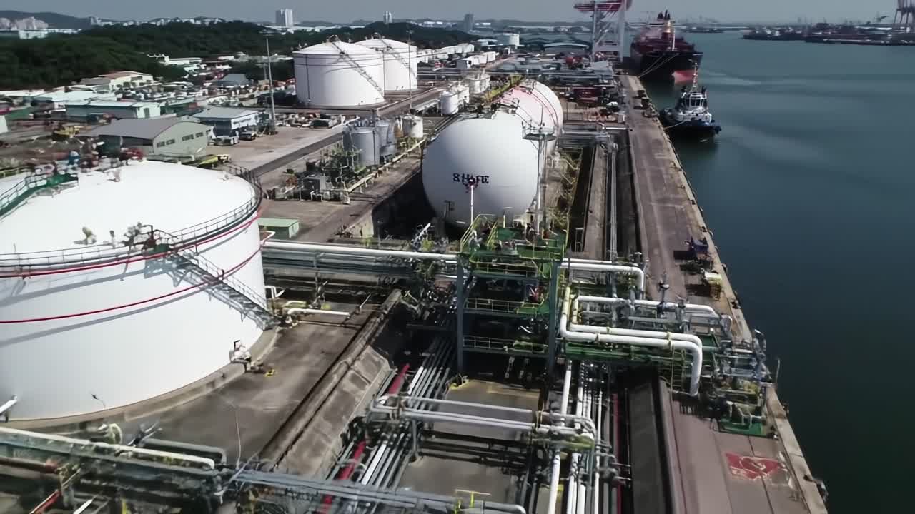 Industrial Petroleum Storage Facility Overview at a Busy Port With Tanks and Loading Operations