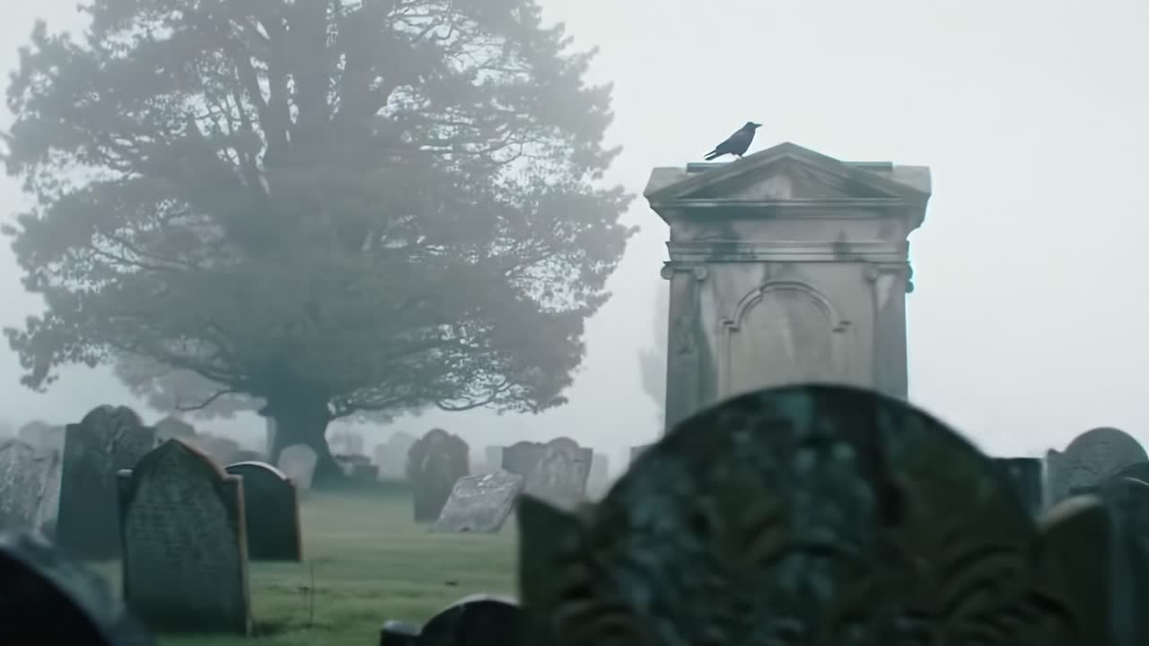 Mysterious Fog-Blanketed Cemetery with Monuments and a Raven Perched on a Tombstone, Evoking a Haunting Atmosphere in the Stillness of Nature